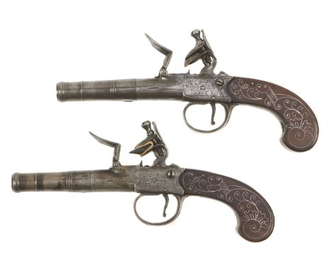 A Pair of Cannon-Barrelled Flintlock Pocket Pistols, by Haynes & Co, English, c. 1760, boxlock flintlock action, hinged steel