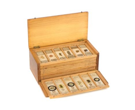 A Small Cabinet of Geological Microscope Slides, light wood flip front case with 11 trays of geological, mineral, fossil and 