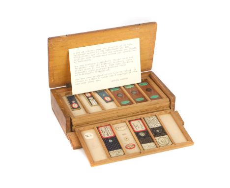 A Rare Set of Exhibition Microscope Slides Owned by Carpenter & Dallinger, light wood flip front case with 6 trays, hand writ