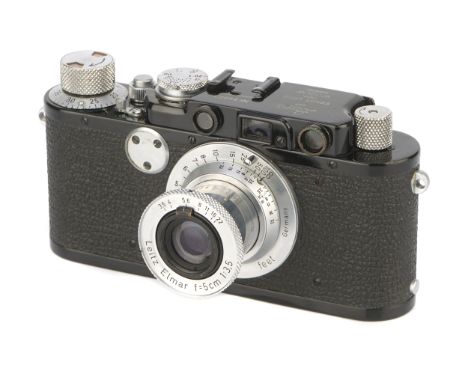 A Leica IIf Rangefinder Camera, 1932, upgraded from II, black/chrome, serial no. 94003, with Leitz Elmar f/3.5 50mm lens, 195