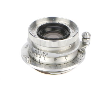 A Leitz Summaron f/3.5 35mm Lens, 1950, chrome, serial no. 765708, body, VG-E, elements, VG, some very light internal haze, w