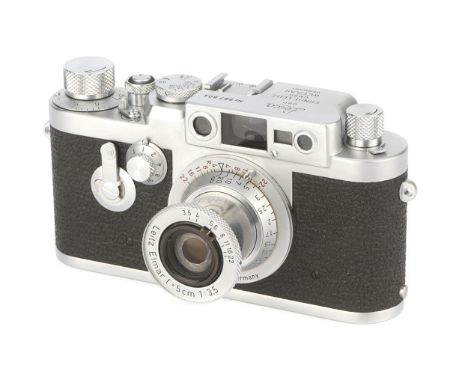 A Leica IIIg Rangefinder Camera, 1960, chrome, serial no. 987804, with Leitz Elmar f/3.5 50mm red scale lens, 1956, chrome, s