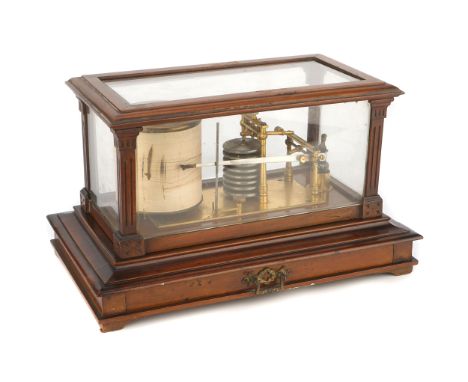 A Mahogany Cased Barograph, English, c.1880, unsigned, with eight bellows stack, eight-day clockwork drum, bottle of ink, in 