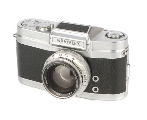 A Wray Wrayflex I Camera, 1950, chrome, serial no. 1570, with Wray Unilite f/2 50mm lens, chrome, serial no. 92716, body, VG,