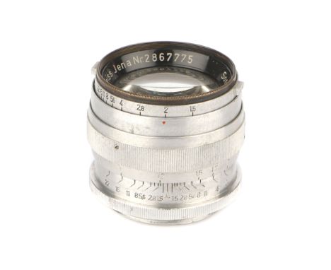 A Carl Zeiss Jena Sonnar T f/1.5 50mm Lens, chrome, serial no. 2867775, body, G, elements, G, some cleaning marks and light i