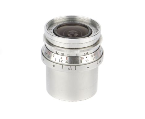 A Leitz Super-Angulon f/4 21mm Lens, 1958, chrome, serial no. 1604920, body, E, elements, VG, some very light internal haze, 