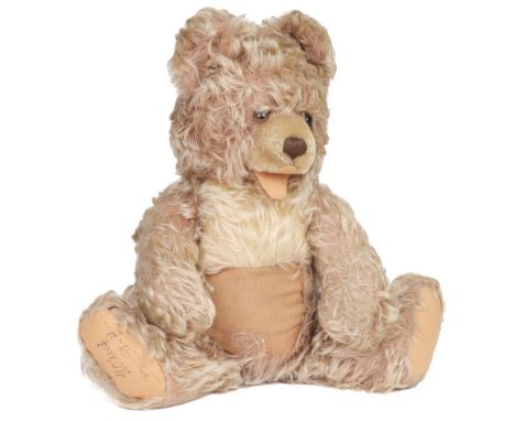 * Steiff. Zotty Steiff Bear, circa 1950s, stuffed mohair bear with jointed limbs and head, embroidered nose, and shaggy caram