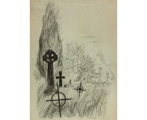 * Hogarth (Paul, 1917-2001). Moel Cross Abbey and Graveyard, an illustration for Brendan Behans Island, lithograph on green p