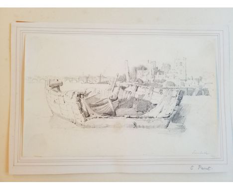 * Prout (Samuel, 1783-1852). Lambeth, pencil on paper mounted on card, depicting a barge hulk sitting in the Thames, Lambeth 