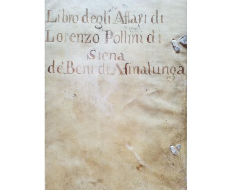 Italian manuscript account book. Libro degli Affari di Lorenzo Pollini di Siena de'Beni di Asinalunga, 1775-79, 100 leaves of