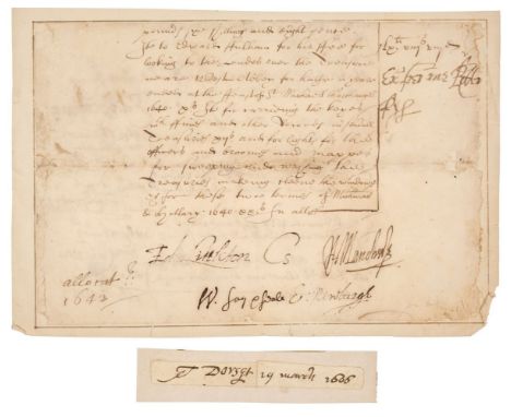 * Fiennes (William, 1582-1662). 1st Viscount Saye &amp; Sele. Document Signed, ‘W. Say &amp; Seale’, 1642, lower part of a ma