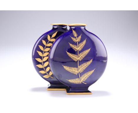 A ROYAL WORCESTER VASE, 1878, of double conjoined moonflask form, the cobalt ground finely gilded with ferns and other foliag