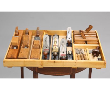 A COLLECTION OF WOOD WORKING TOOLS, including three wooden planes by Greenslade of Bristol, Graves of Sheffield and Varvill o