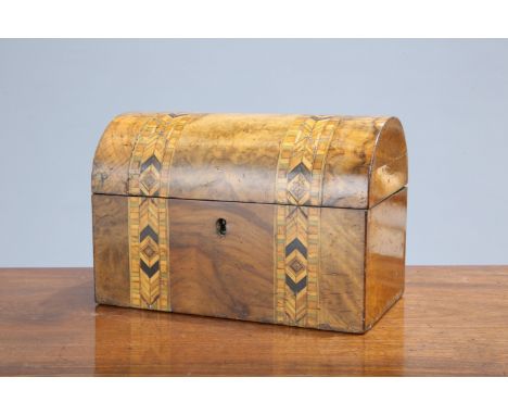 A VICTORIAN INLAID WALNUT DOME-TOP TEA CADDY, rectangular, with Tunbridge style inlay. 22cm wide