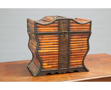 A CHINESE FAUX BAMBOO FOOD BOX, with ring handles. 44cm high, 46cm wide, 29cm deep