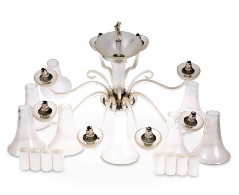 AN ART DECO STYLE FROSTED AND MOULDED GLASS CHANDELIER, with eight scrolling branches interspersed by four candy canes, each 