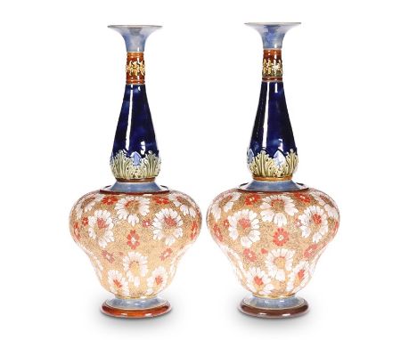 A LARGE PAIR OF DOULTON LAMBETH STONEWARE VASES, the squat bodies issuing a baluster neck with everted rim, the body enamel p