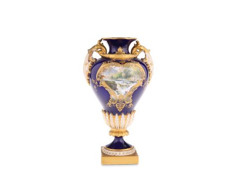 A ROYAL WORCESTER TWO-HANDLED PORCELAIN VASE, of pedestal form,&nbsp;painted with a river landscape by Harry Davis, shape no.