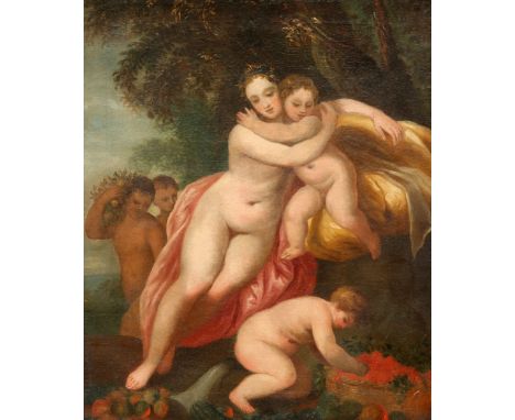 AFTER AN OLD MASTER, VENUS AND PUTTI, oil on canvas, framed. 59.5cm by 49.5cm