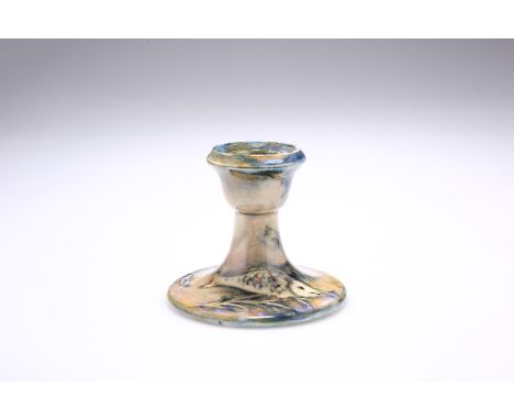 WILLIAM MOORCROFT (1872-1945)A MOORCROFT POTTERY "FISH" CANDLESTICK, 1920'S/30'S, tubelined and hand-painted with two fish, s