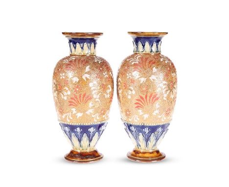 A PAIR OF ROYAL DOULTON SLATER'S PATENT STONEWARE VASES, of shouldered ovoid form, decorated with an enamel painted stippled 