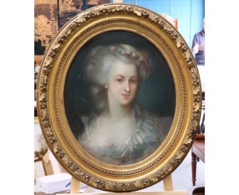FRENCH SCHOOL, PORTRAIT OF A LADY, oval,&nbsp;indistinctly inscribed, pastel, in a gilt-composition frame. 53.5cm by 45cm