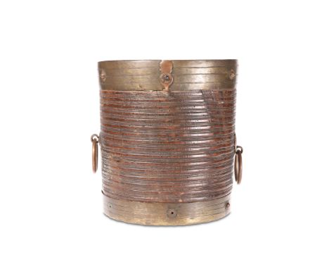 A SOUTH INDIAN METAL-MOUNTED HARDWOOD RICE BUCKET, 18th/19th Century, cylindrical, fitted with ring handles and centre bar. 2