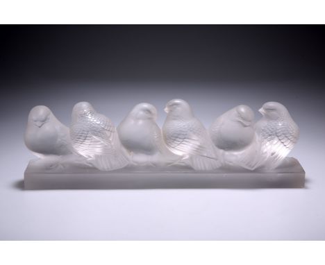 RENE LALIQUE"GROUPE DE SIX MOINEAUX", designed 1933, clear, glass, frosted and polished, stencilled R. LALIQUE FRANCE. 29cm l