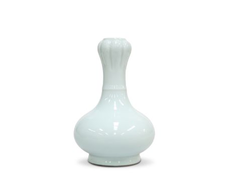 A CHINESE PORCELAIN VASE, with garlic bulb neck, light blue glaze, bears underglaze blue seal mark. 15.5cm highThe absence of