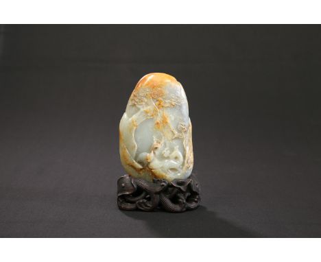 A CHINESE PALE CELADON JADE BOULDER CARVING,&nbsp;carved to the front with a bird and horse, each with a sprig of foliage in 