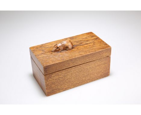 ROBERT THOMPSON OF KILBURNA VINTAGE MOUSEMAN OAK TRINKET BOX, rectangular, the cover with good figuring and carved mouse sign