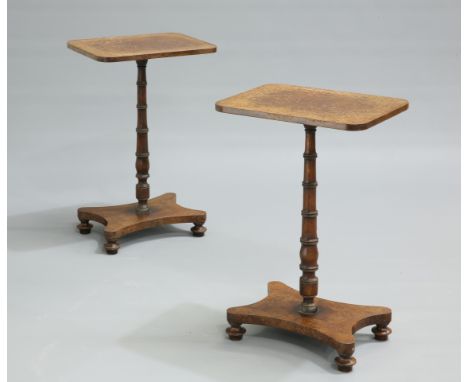 A PAIR OF OCCASIONAL TABLES, each with rectangular burr elm top above a ring-turned stem. 77cm high
