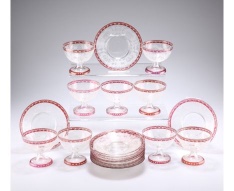 A SET OF BAVARIAN ETCHED AND RUBY GLASS SUNDAE DISHES AND SAUCERS, EARLY 20TH CENTURY, comprising nine sundae dishes and twel