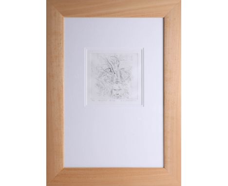 Robert Lenkiewicz, 'Self Portrait with Tree', signed limited edition etching no 21/75, framed and glazed, 18cm x 18cm.