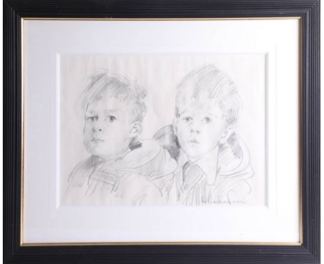Robert Lenkiewicz, pencil drawing, 1970's 'Portrait of two children', signed, framed and glazed, 57cm x 53cm.