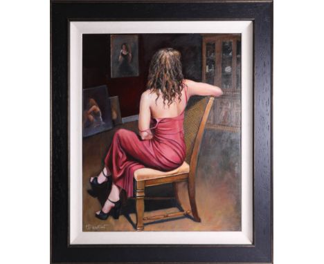 M.J.Leighton 'Portrait of a woman, rear view, seated', oil on canvas, signed, framed 76cm x 60cm.
