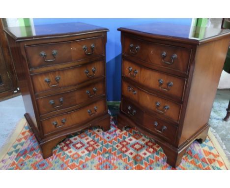 Pair of mahogany serpentine front chests of four drawers on raised bracket feet (50cm x 40cm x 72cm) 