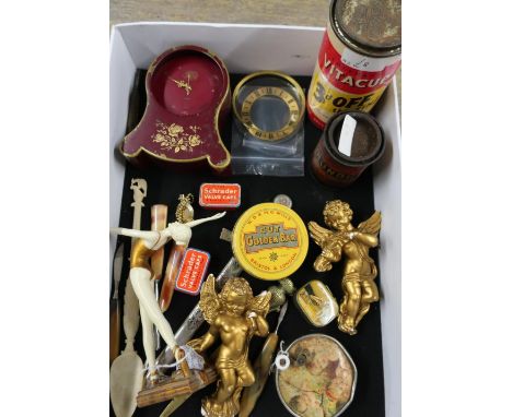 Jaeger clockwork mantle clock, various vintage tins, figures, paper knives, valve caps etc 