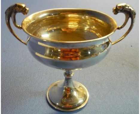 London 1912 silver hallmarked twin handled lion mask trophy cup with engraved detail "Scunthorpe AGC.SOC Champion Prize 1912 