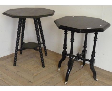 Victorian octagonal ebonised occasional table and another similar on bobbin turned supports with under tier (2) 