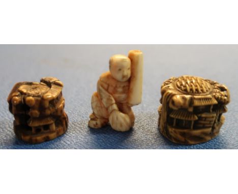 Two late 19th C carved marine ivory Netsuke type figures and a small carved Chinese ivory figure (height 4cm) (3) 