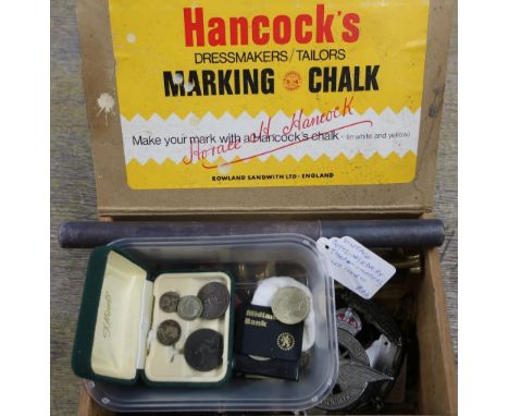 Card dressmakers chalk advertising box, a cased dairy thermometer, miniature brass anchor, fans, Civil Service Motor Associat