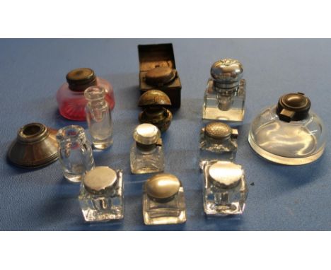 Collection of various assorted glass and other inkwells, travelling ink well, a Globe inkwell, a Birmingham silver hallmarked