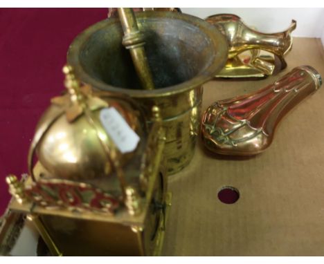 Selection of various 19th C and later brass and copperware including pestle &amp; mortar stamped 7MO, powder flask body, tank