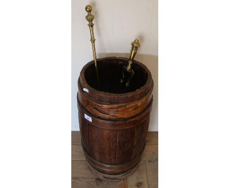 Barrel stick stand with a brass fire companion set 