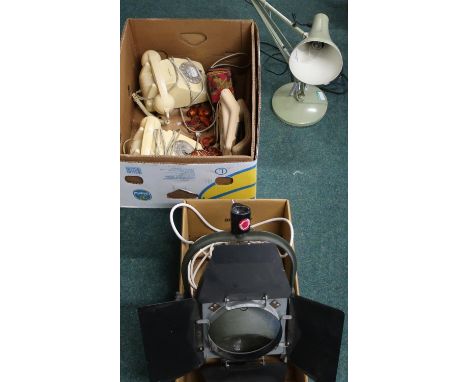 Theatre stage light, various vintage telephones, a tin tea tin, vintage angle-poise lamp and a selection of reproduction Nets