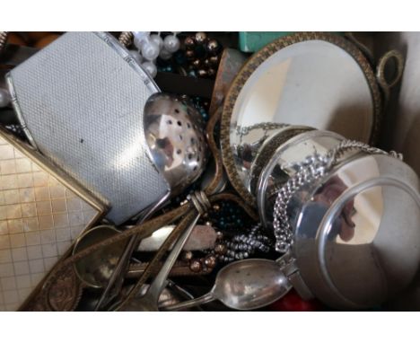 Selection of various costume jewellery, plated cutlery, dressing table mirror, compact etc 