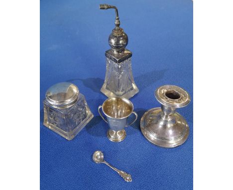 London silver hallmarked topped perfume atomiser with tapering cut glass body (height 17.5cm) silver topped cut glass dressin