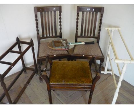 Pair of oak dining chairs with drop-in seats and barley twist supports, a Vintage Dunlop tennis racket, oak three sectional s