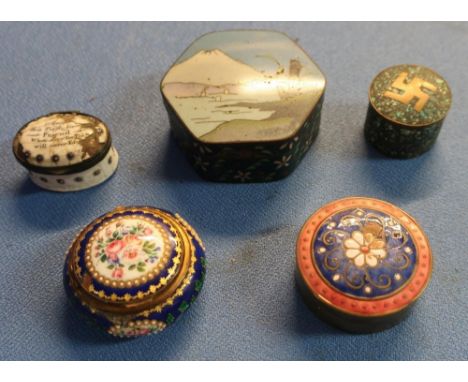 Continental enamel dressing table box, a 18th C enamel work patch box (A/F), and three other enamel/Cloisonne boxes 